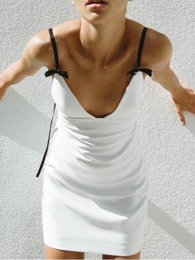 Zara White Mini Slip Dress with Black Strap Accents